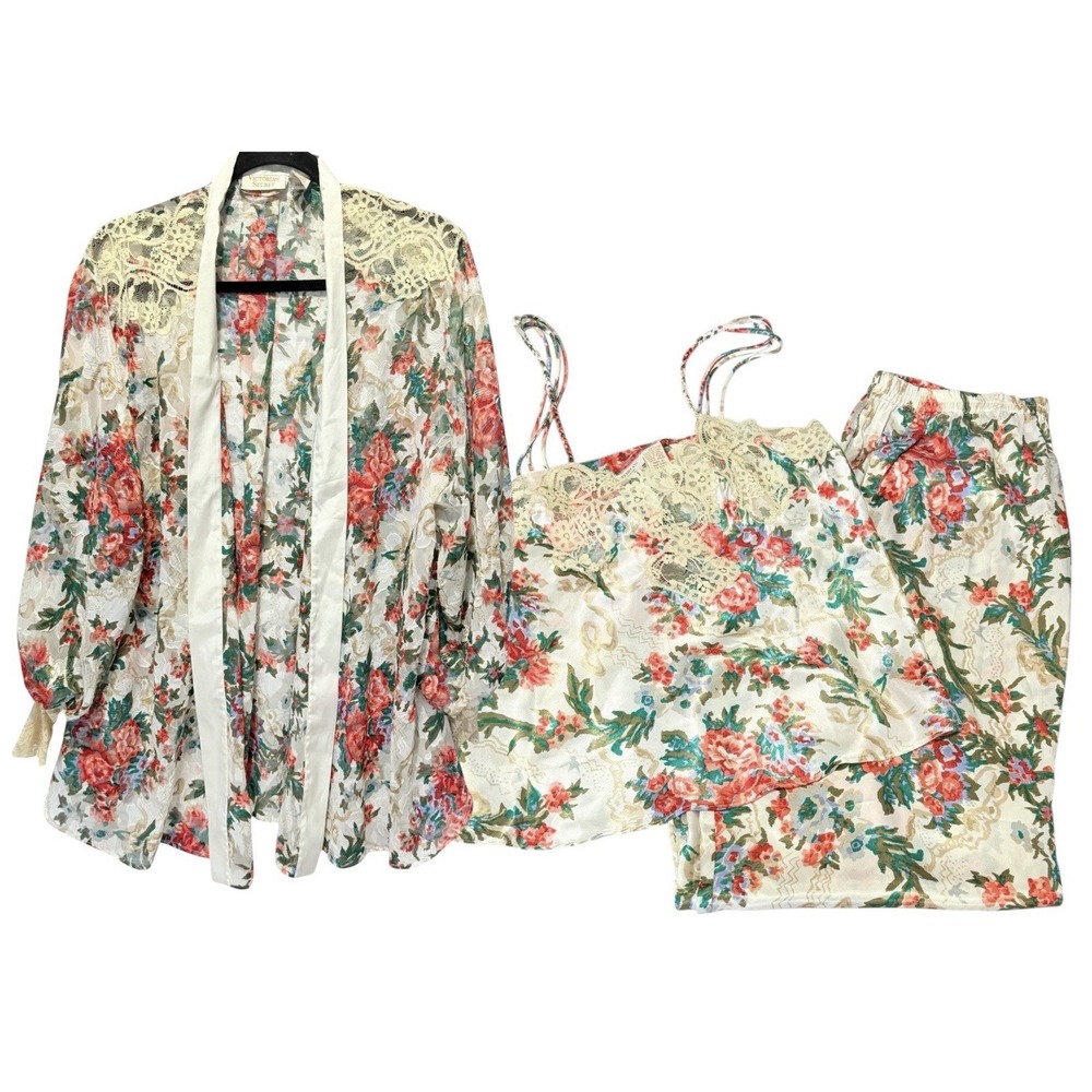 Victorias‎ Secret Pajama Set 3pc Gold Label Floral Satin Lace Pants Robe Y2K